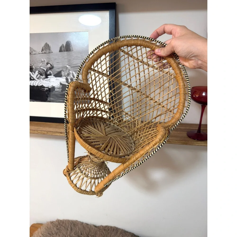 Vintage Mini Peacock Chair Wicker Rattan Boho Doll Plant Display